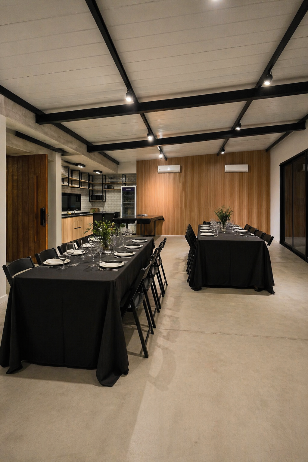 Salón cubierto con cocina integrada